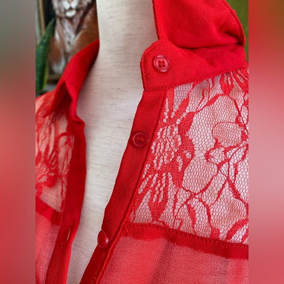 Vintage Red Blouse ❤️ Sheer, Long-Sleeve, Button Up - Picture 8 of 9